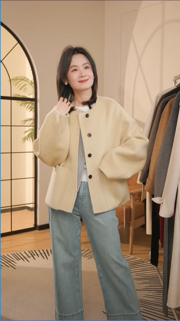 2025简约春款双面呢时尚气质休闲双面双色羊毛大衣小香风毛呢外套