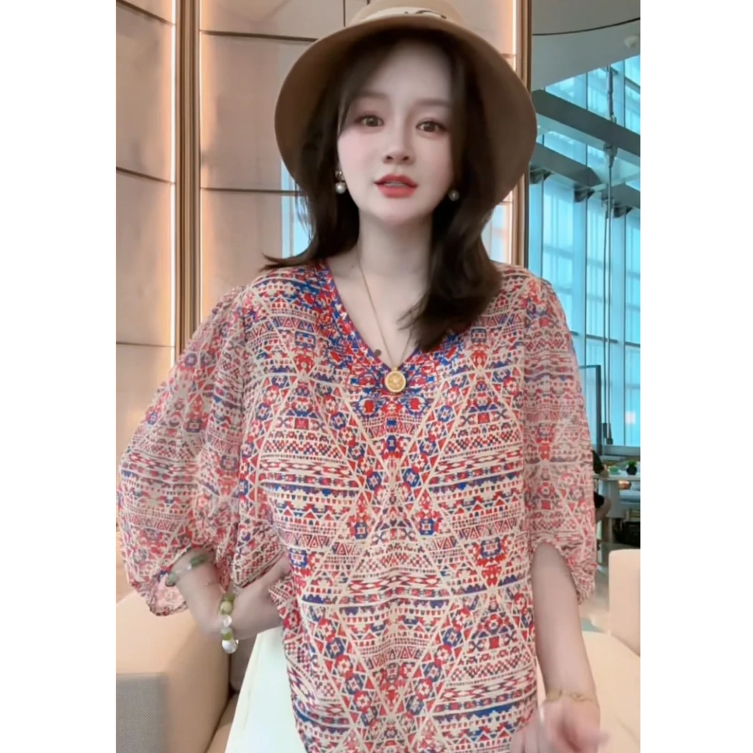 【丝芙玉禄】（F702）真丝双绉桑蚕丝定位印花拼色宽松休闲桑蚕丝