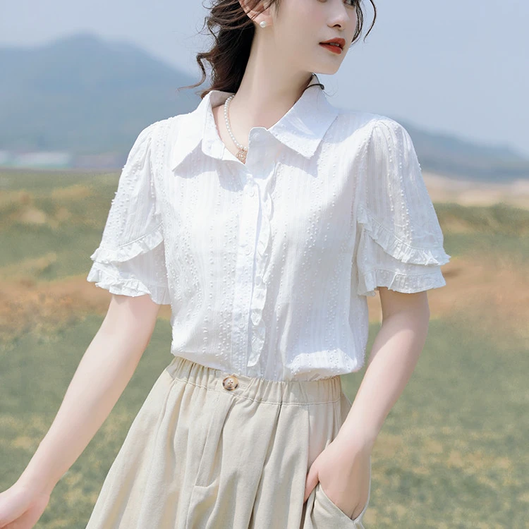 纯棉白衬衫女荷叶袖夏季新款女装短袖小清新宽松遮肚子上衣