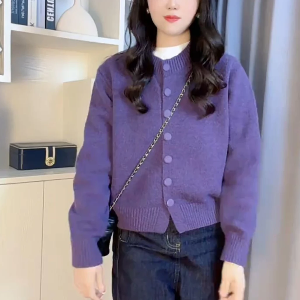 [工厂直销套装]秋冬款洋气多巴胺圆领紫色外套简约打底衫H058+T81