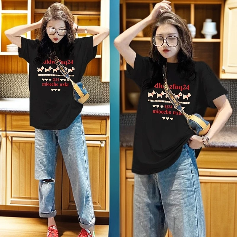 2025t恤女新款短袖爆款夏季黑色美式潮牌体恤半袖纯棉宽松上衣ins