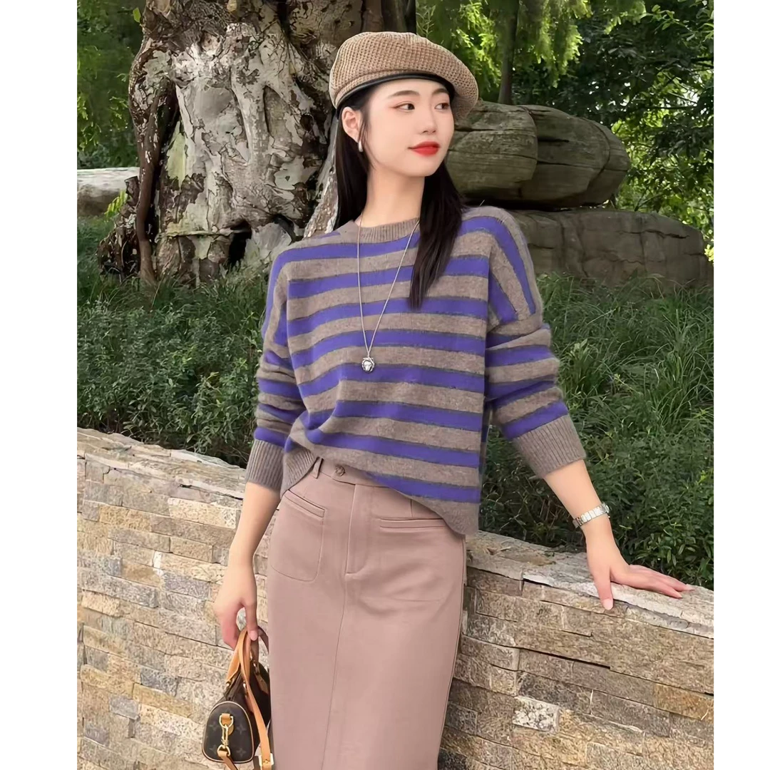 GIRDEAR/哥弟慵懒风条纹打底长袖毛针织衫出游服装女圆领138105