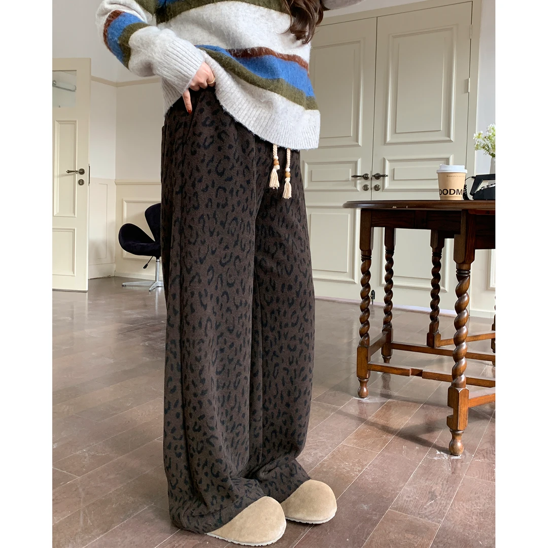 裂渡宣宣【豹纹裤】抽绳高腰阔腿裤女冬时尚百搭显瘦休闲裤ZY511F61