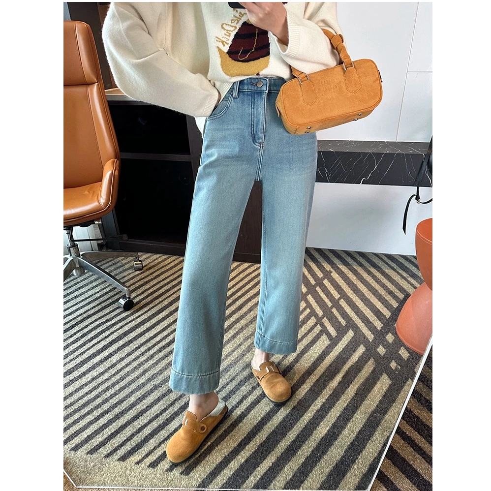 2025春秋四面弹九分牛仔裤宽松阔腿女小个子高腰显瘦九分裤奶奶裤