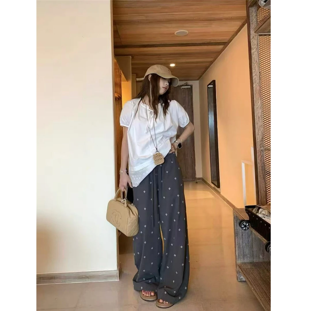 【巴厘晚风】高腰显瘦慵懒时髦垂感直筒裤绣花休闲裤61725