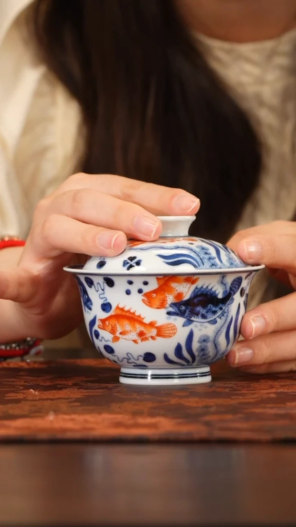 墨舍柴窑矾红鳜鱼盖碗@@moshe1024