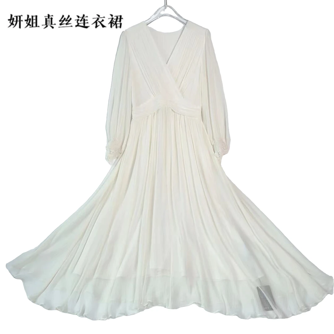 桑蚕丝春夏新品气场全开v领收腰大摆复古女装法式白色240116-7