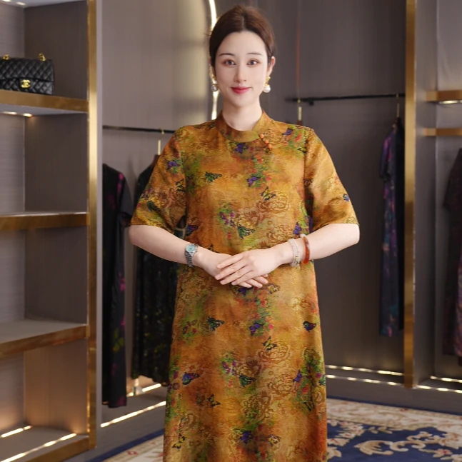 [金蝶寻芳]花萝琉璃扣气质妈妈装显瘦云纱中国风连衣裙夏季LY033