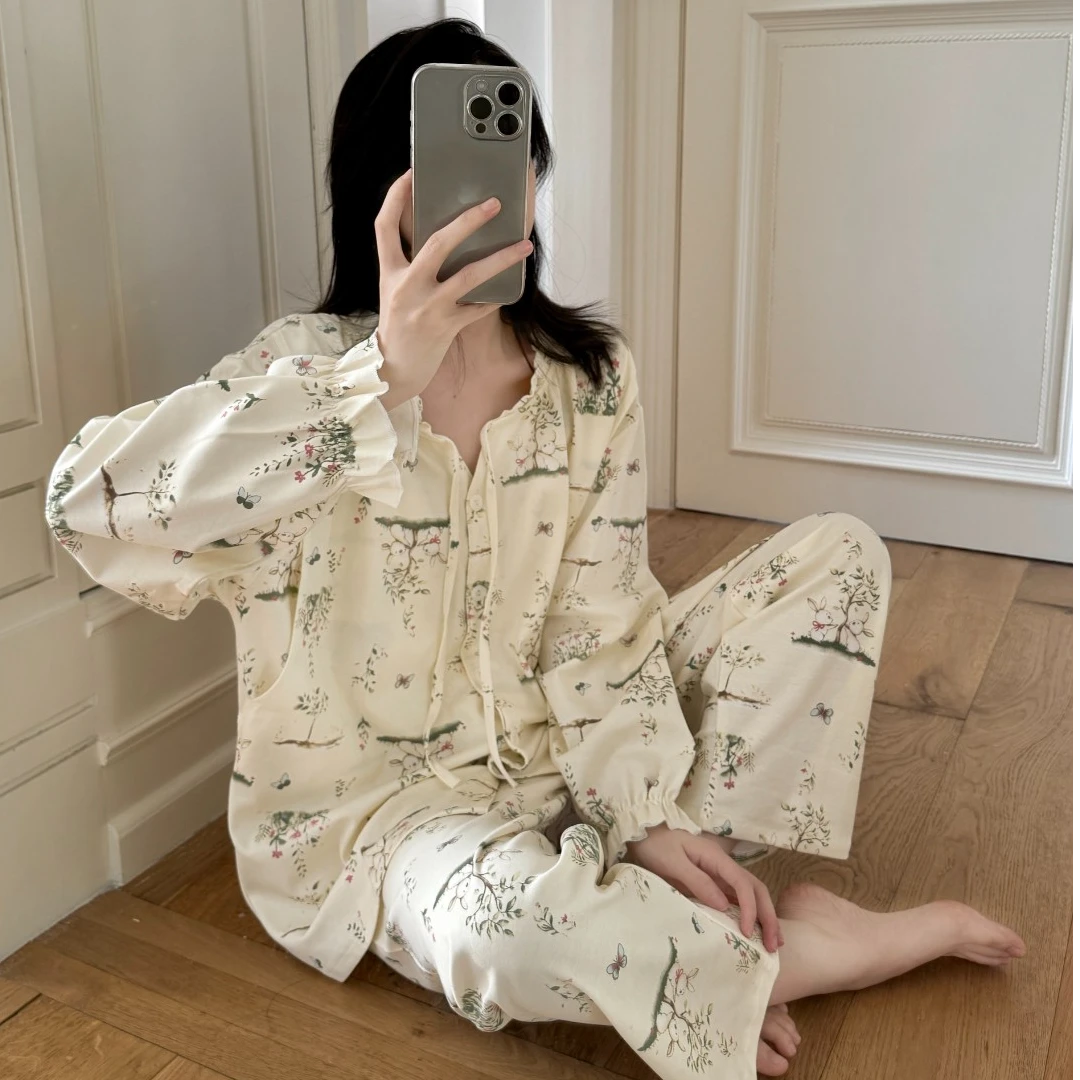 《纯棉带胸垫》孕妇是睡衣月子服产后哺乳睡衣孕妇喂奶家居服产妇