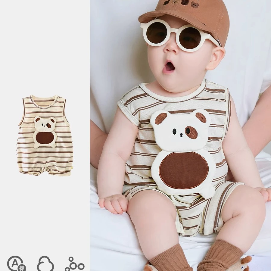 宝宝百天爬服儿童咖条纹卡通小熊连体衣新生儿棉质无袖哈衣百日照