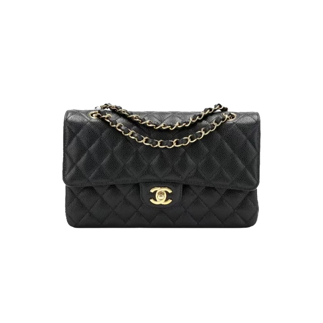 99新 Chanel/香奈儿 CF 荔枝牛皮中号链条包 黑金/黑银