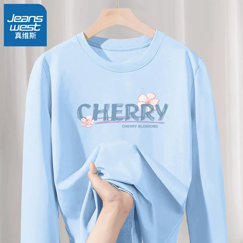 真维斯蓝色女款圆领t恤女长袖宽松显瘦女装2026春季新款纯棉上衣X