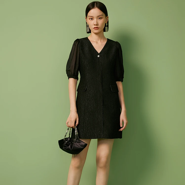 【曼德诗】高品质V领五分袖连衣裙M520008