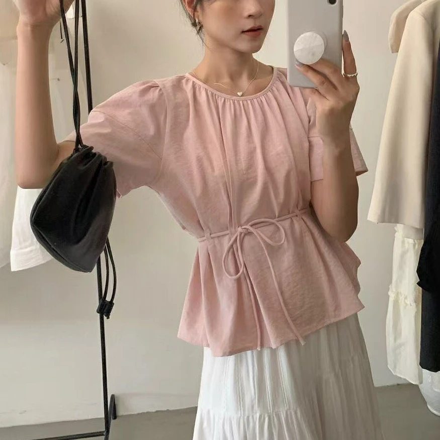 NICE圈圈、简约系带压褶甜美纯色圆领泡泡袖衬衣A1193