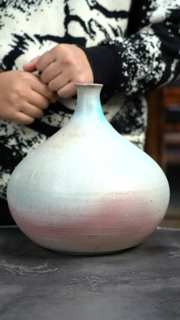 【闪购商品】瓶731号邛窑吴松制陶高温裸柴烧孔雀蓝花瓶