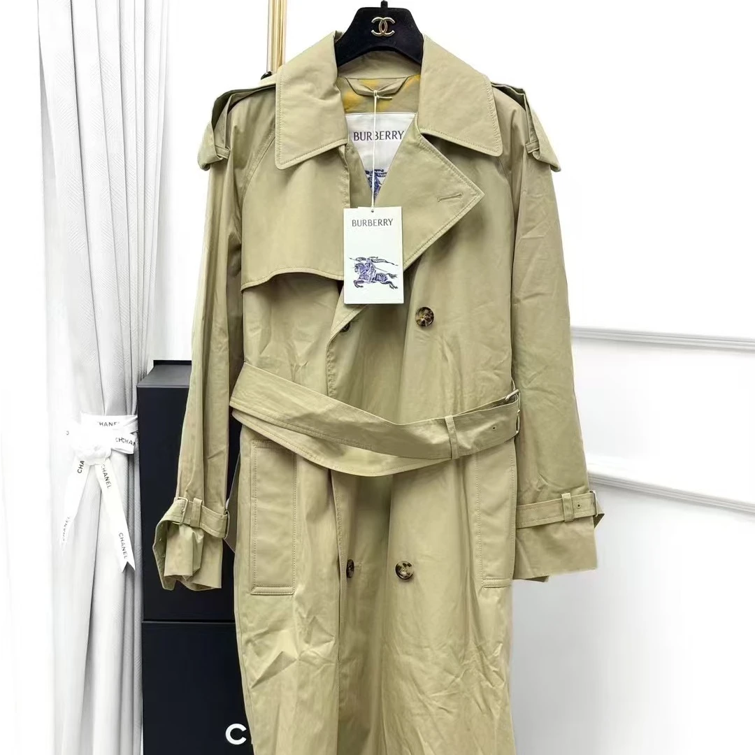 99新 BURBERRY/博柏利 36码卡其色双排扣翻领长袖长款风衣