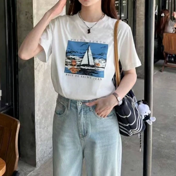 设计感圆领帆船印花短袖T恤女2025新款春夏宽松休闲百搭圆领上衣