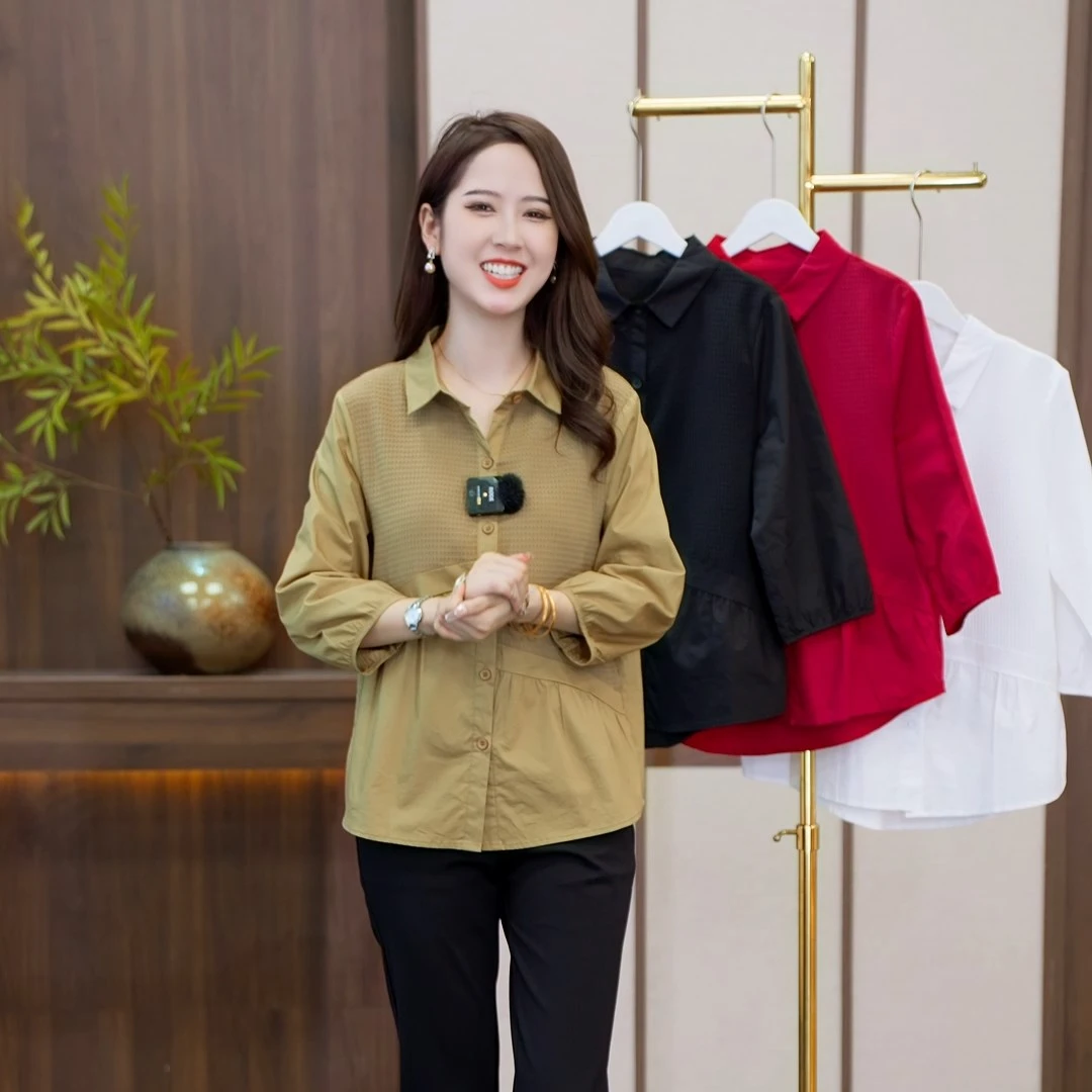 2025秋季女士百搭设计感拼接宽松显瘦女士八分袖衬衫气质爆款