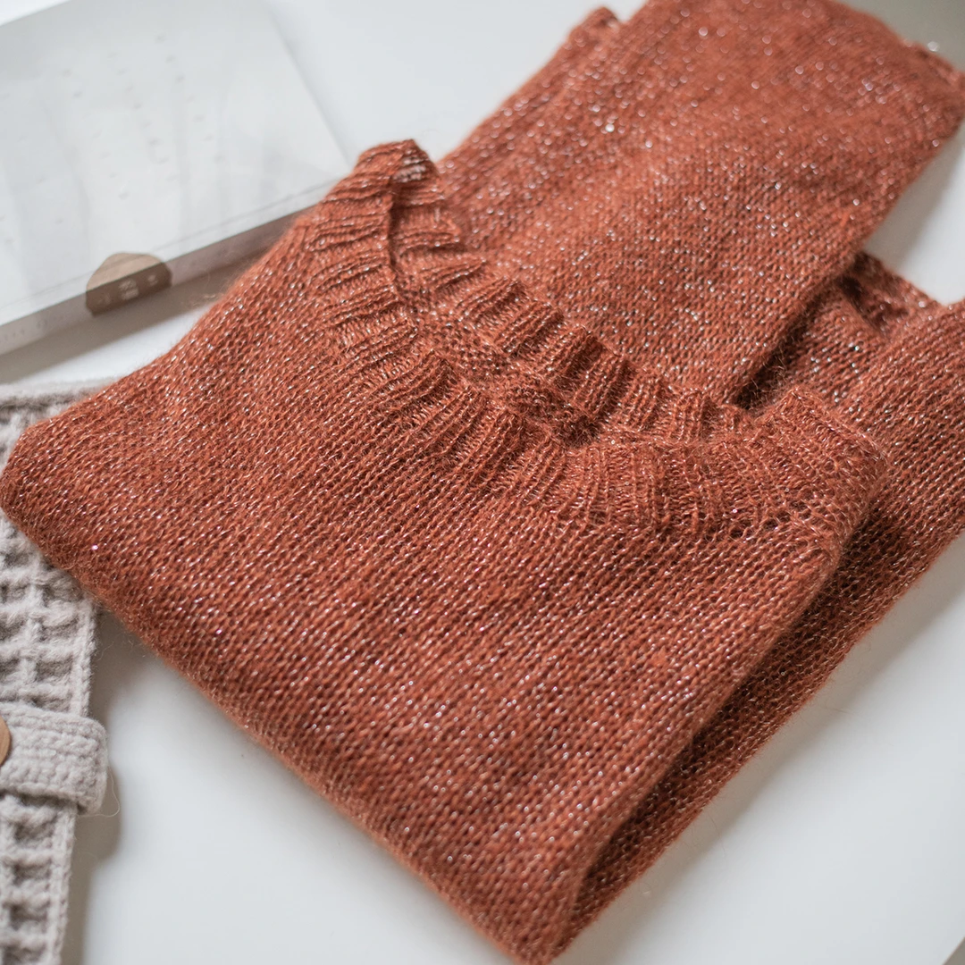 成品青柠闪丝马海版湖水绿/锈红色手工编织时尚百搭套头针织衫