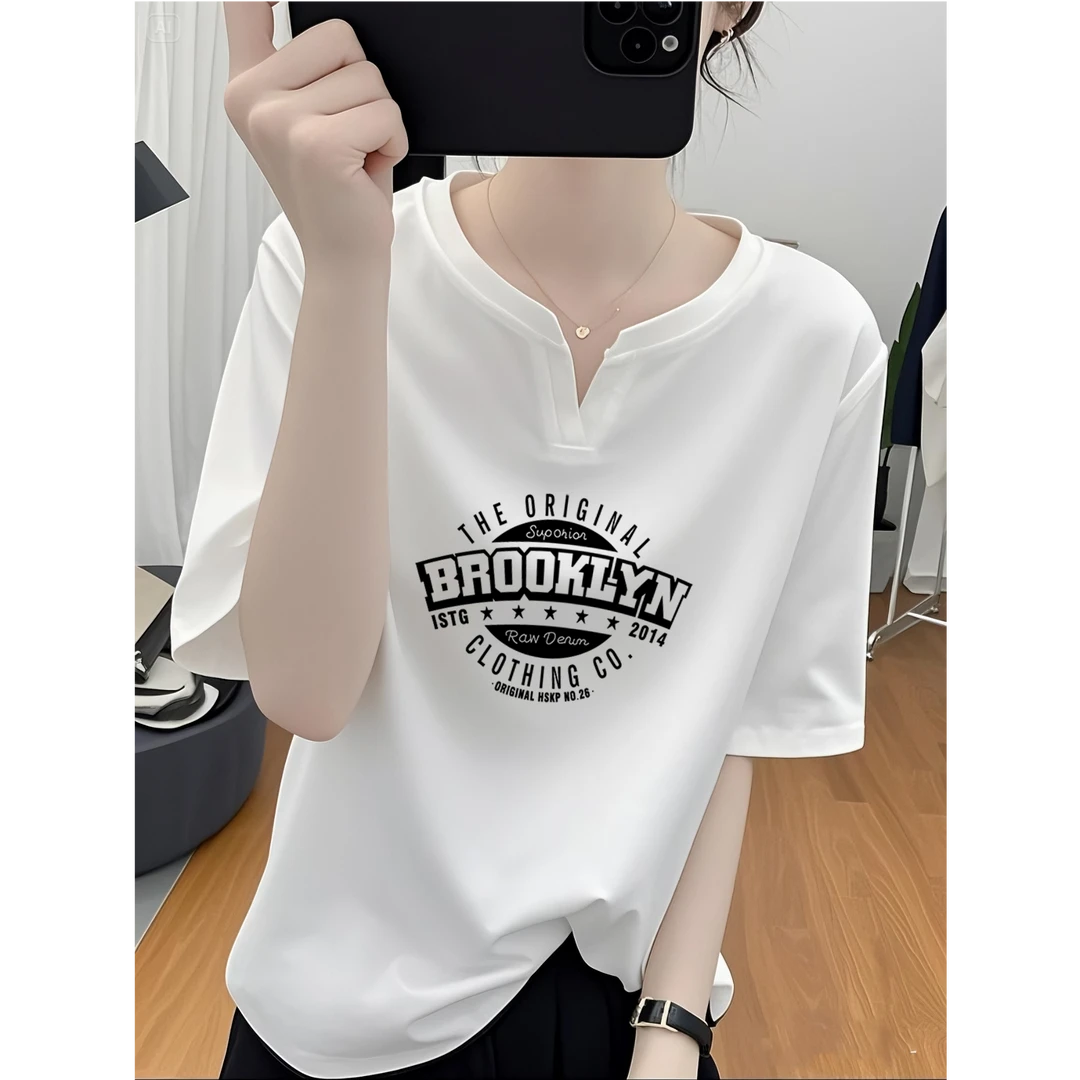 显瘦V领上衣白色时髦设计感短袖女t恤夏季慵懒风时尚百搭半袖遮肚