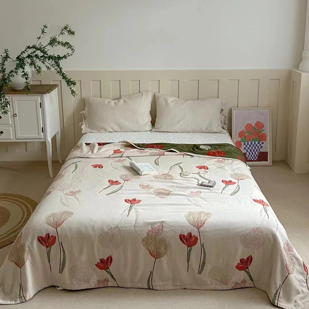 一枝独秀-植物染全棉色织纱布盖毯纯棉床盖可铺可盖沙发巾毯