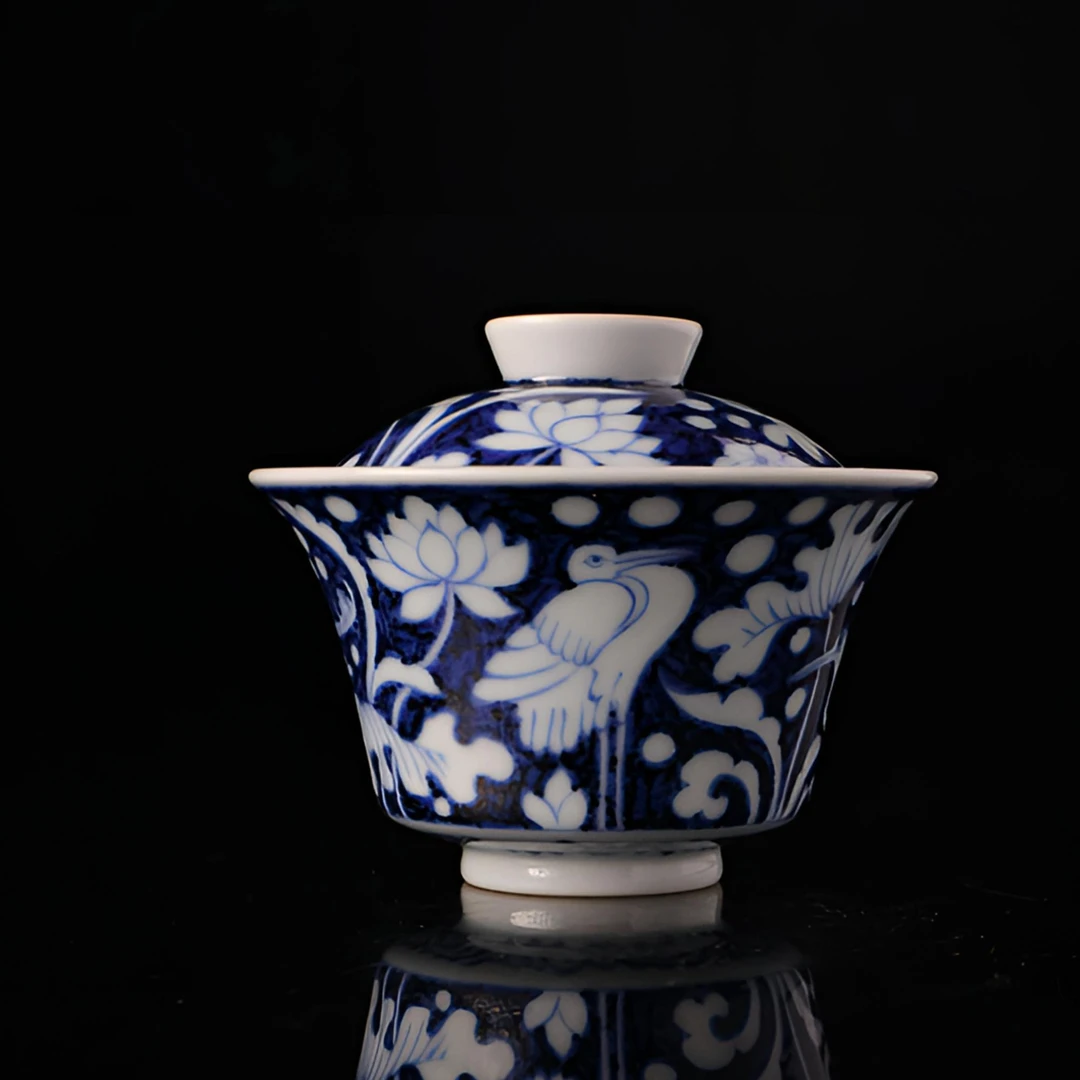 素月明河一鹭连科盖碗