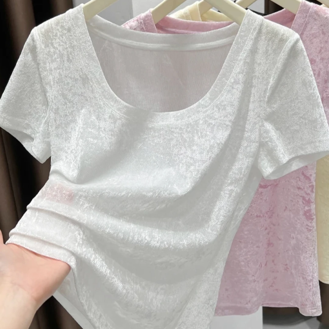 正肩短袖T恤女夏2025新款丝绒上衣薄款修身显瘦白色气质百搭上衣