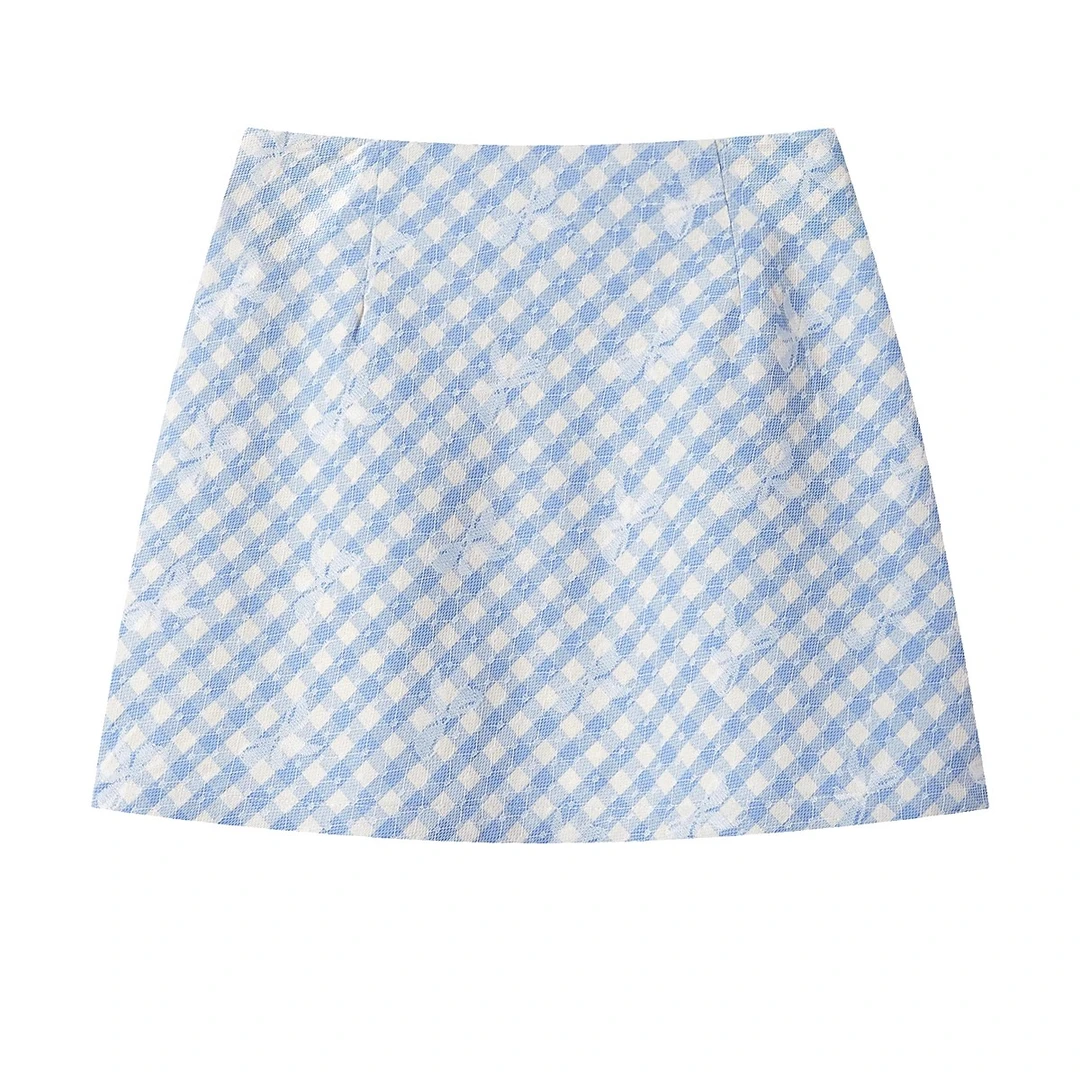 羊城故事-蓝白格子半身裙女薄款气质高腰蝴蝶结提花a字短裙子8070