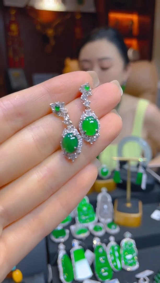翡翠银S925镶嵌耳饰天然A货翡翠/86704