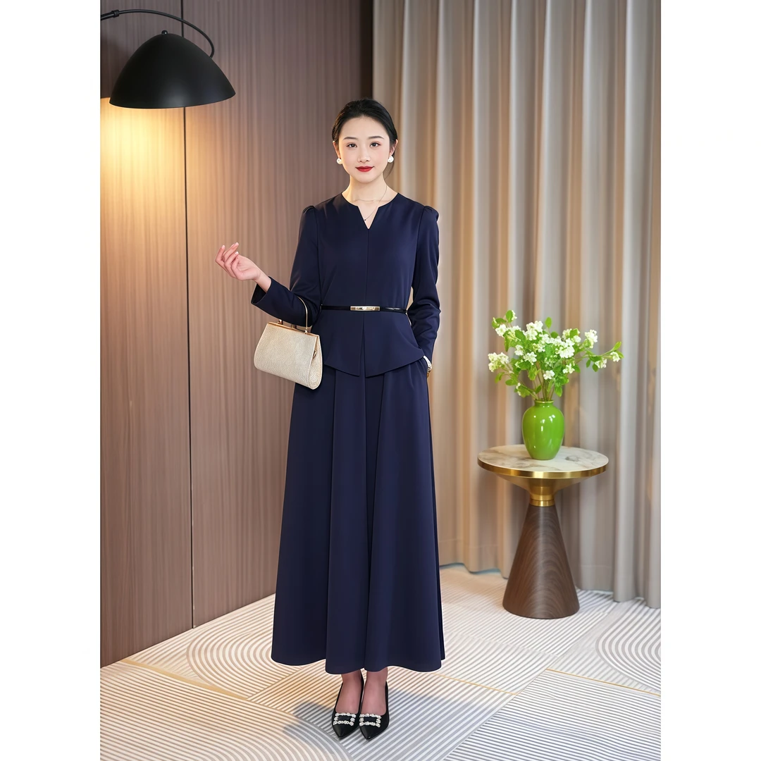 2025春季新款藏蓝色遮肉显瘦轻奢时尚修身名媛职业女神范连衣裙