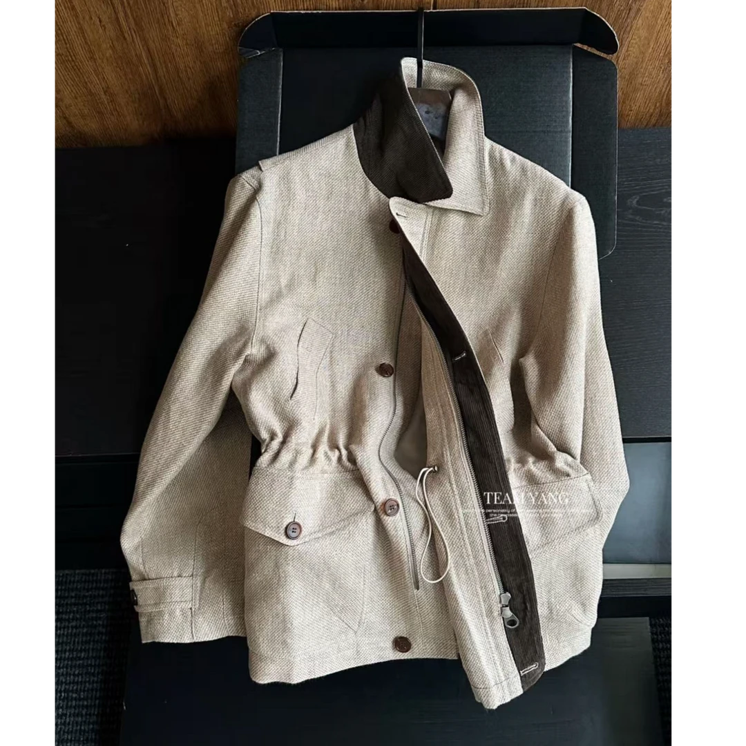 Team Yang-早秋新款时尚满分亚麻猎装夹克复古商务休闲外套 6077