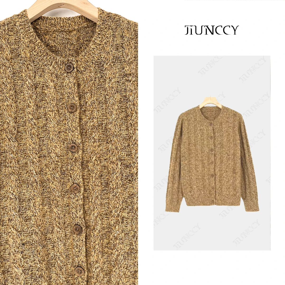 JIUNCCY【晚霞】定制混纺彩花纱绞花肌理圆领针织毛衣开衫 52YZZ142