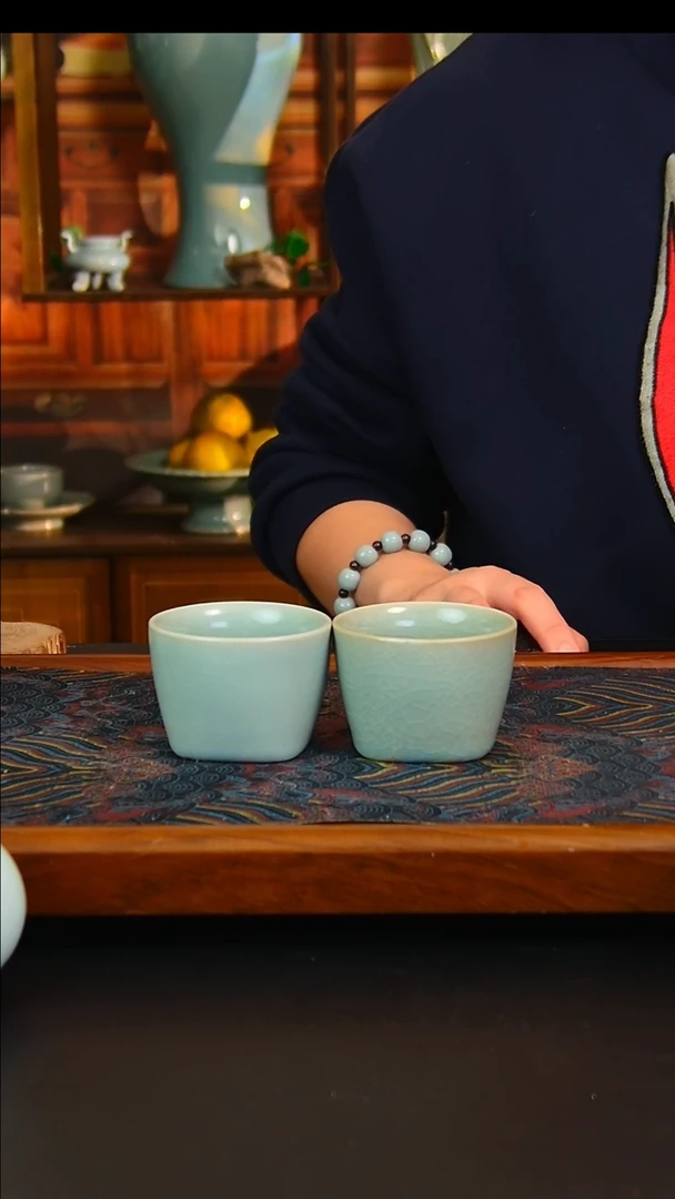 瓷片原矿汝瓷福利天圆地方杯一对，全品