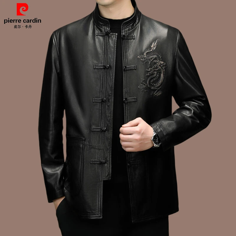 皮尔卡丹中山装男士高端真皮衣外套国风立领正装高档新中式唐装
