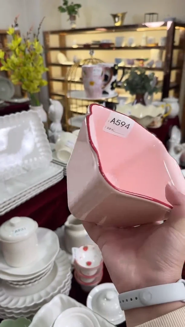 摆件陶A594 粉色薯条碗