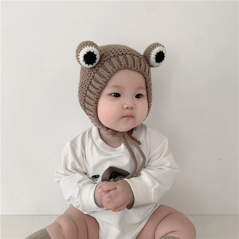 婴儿帽子秋冬加绒保暖毛线帽小青蛙可爱超萌宝宝护耳帽儿童针织帽