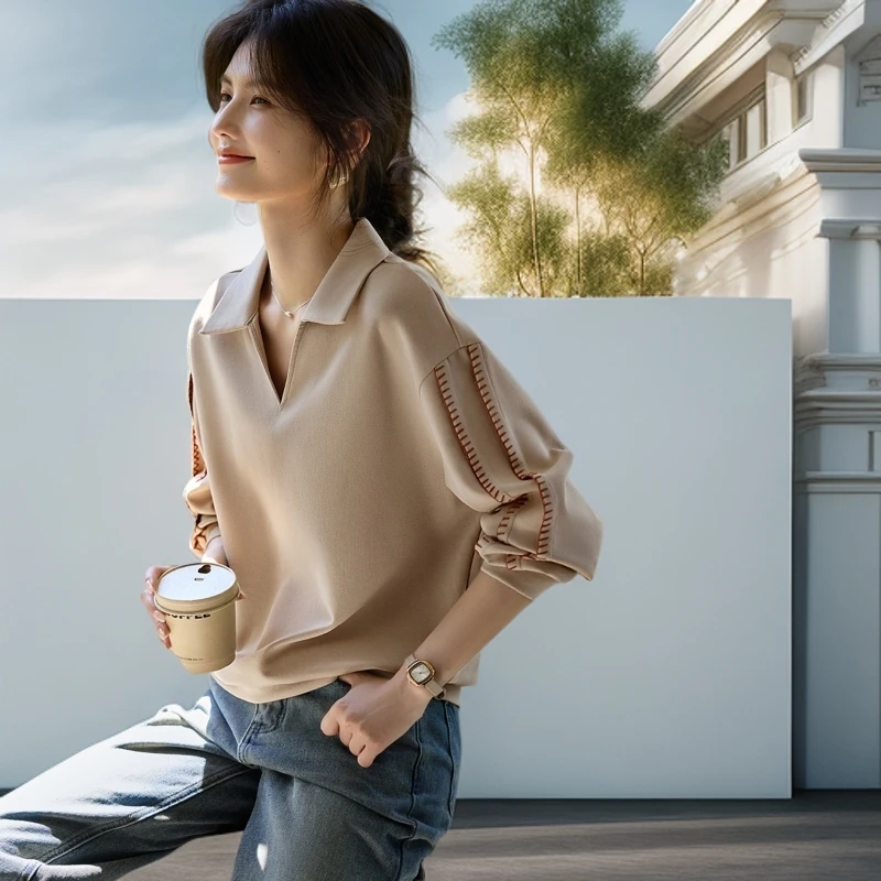 新款春秋百搭撞色贝壳绣纯欲显瘦慵懒风设计感卫衣棉质别致上衣女