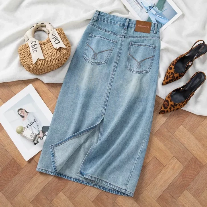 【现货+运费险】2025百搭高级感显牛仔裙高腰A字后开叉中长半身裙