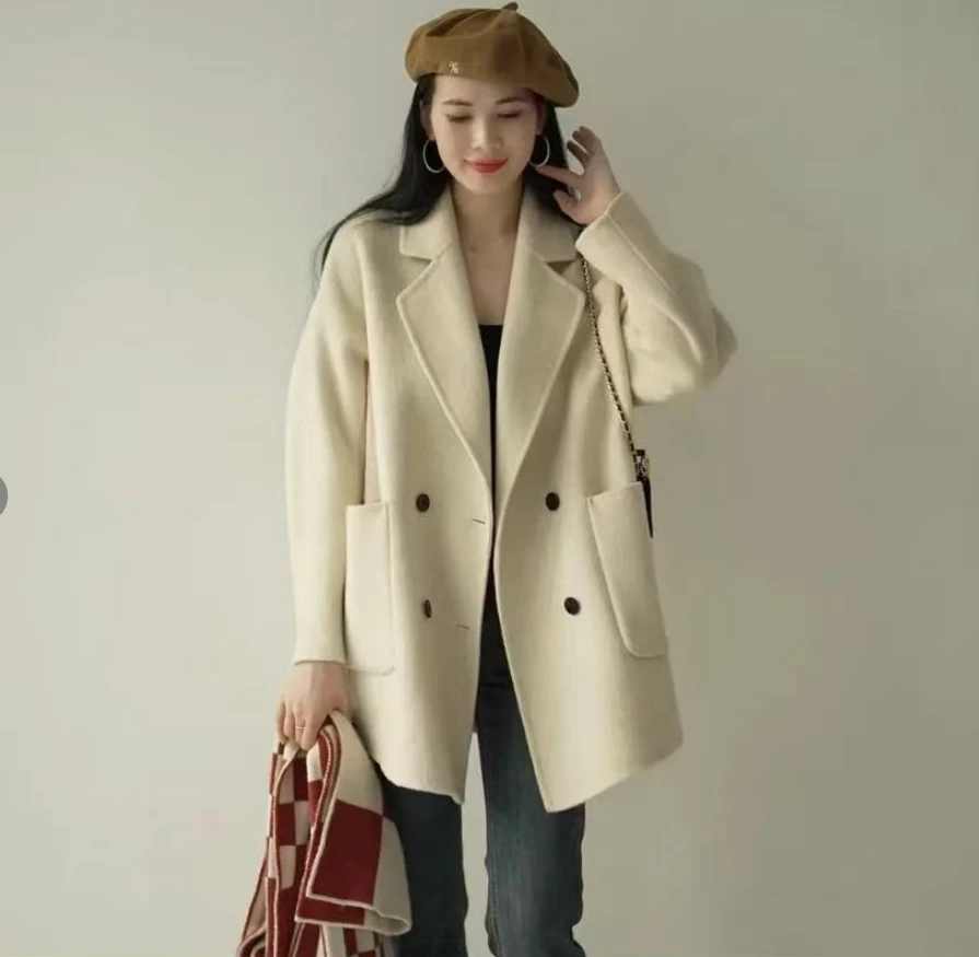 秋冬宽袖厚款常规西装领双面毛呢外套中长款百搭女装820-A597