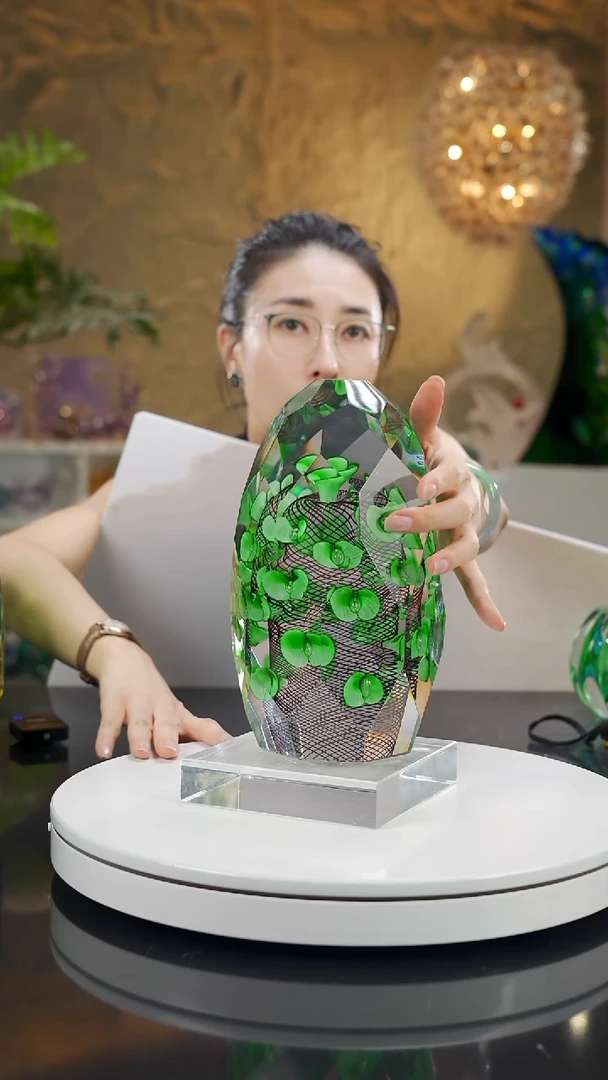 手工艺品琉璃绿色蝴蝶兰切面摆件