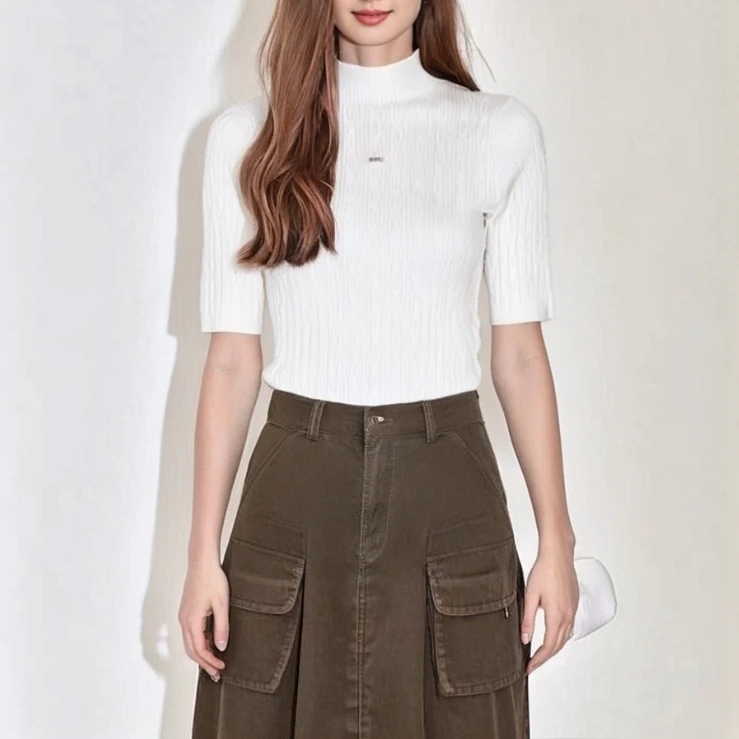 基础短袖女常规编织透气baby针织上衣白色夏季冰丝套装针织