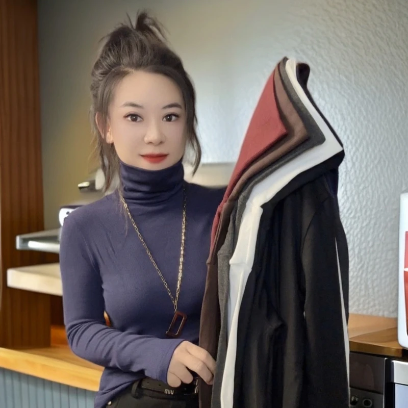 高领堆堆领时尚T恤磨毛绒保暖ins长袖百搭秋冬新款保暖显瘦百搭女