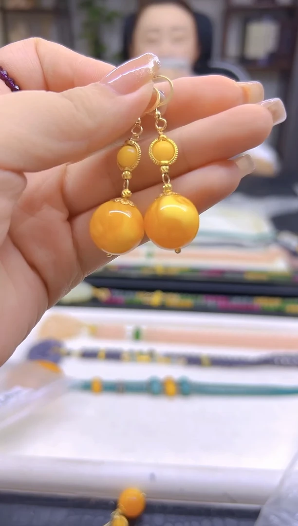 14K金镶嵌蜜蜡耳饰DIY款E496