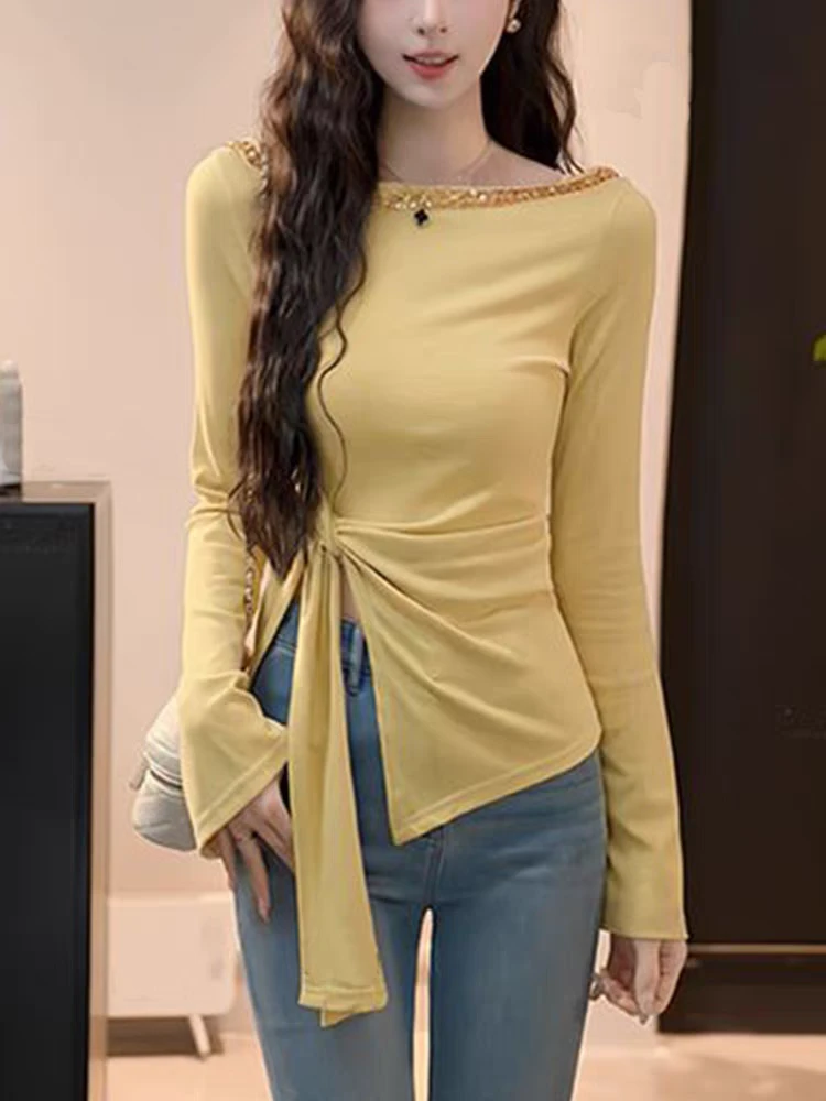 黄色设计感修身开叉收腰长袖T恤女装夏季不规则一字肩上衣高级感