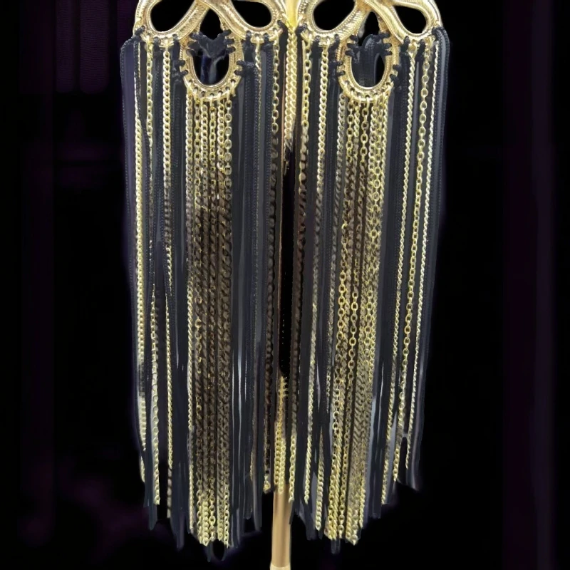 铜合金亚克力耳饰 气质长款金色【伊琳饰品】黑金流苏扫肩耳夹轻奢