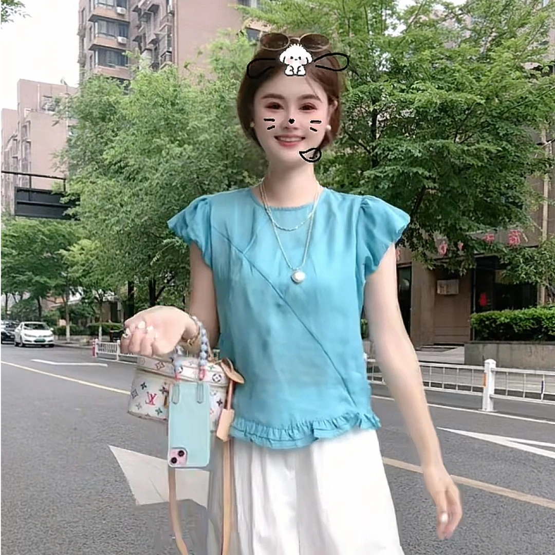 【花花定制】花边小飞袖亚麻天丝小衫