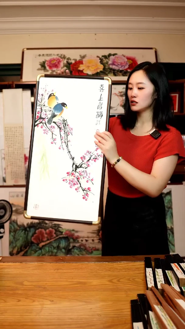国画梅花~喜上眉梢~35*67厘米带框