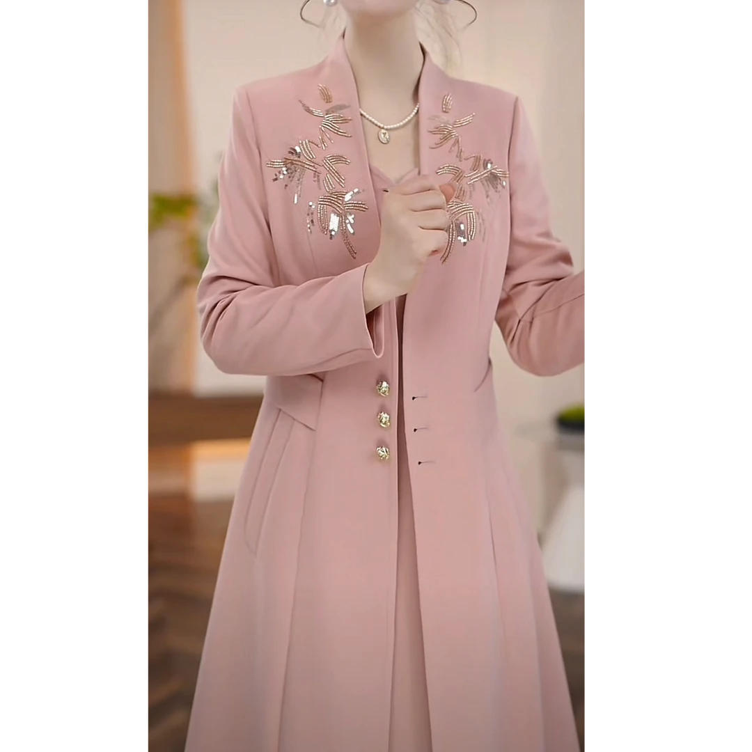 晨薇女装秋装新款两件套套装连衣裙修身显瘦气质风衣外套+打底裙