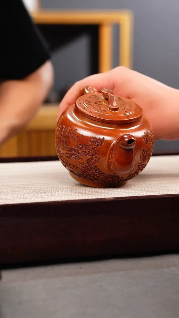 茶壶紫砂火云烧 如意鼓壶 刻绘