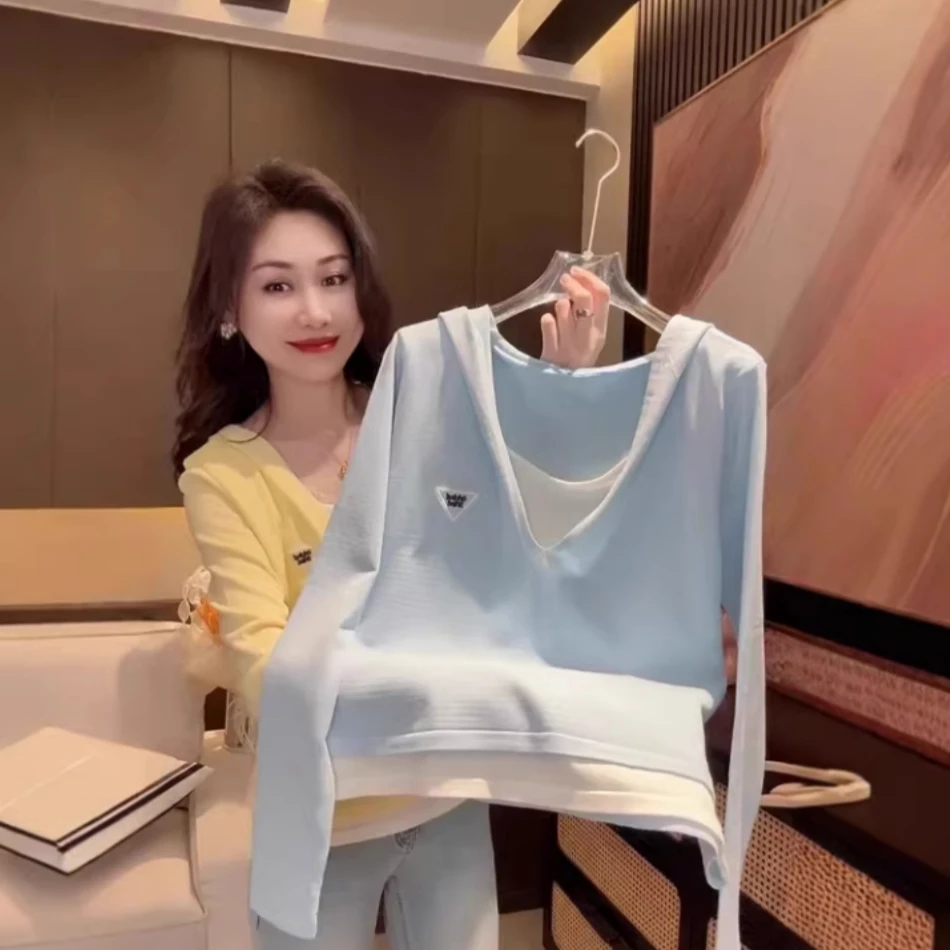 春季薄款假两件撞色V领针织衫女休闲百搭韩版时尚洋气连帽上衣潮